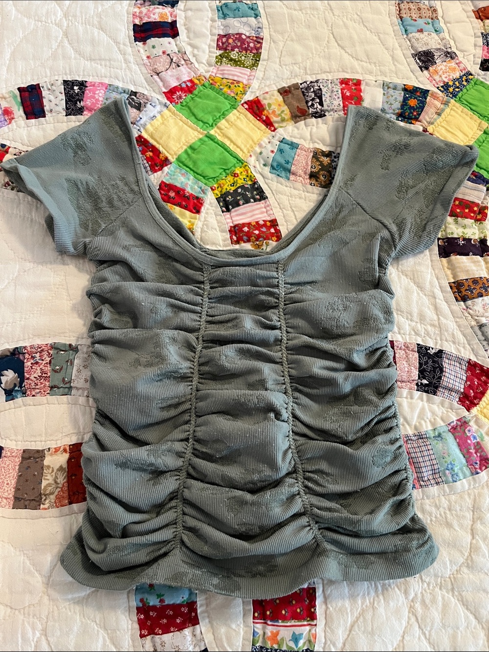 Free People Medium Floral Ruched Scoop Neck Women's Top - Sage Green
